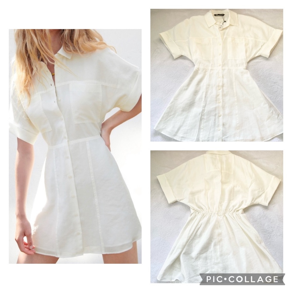 Zara • NWT Ivory Short Sleeve Button Up A-Line Shirt Dress